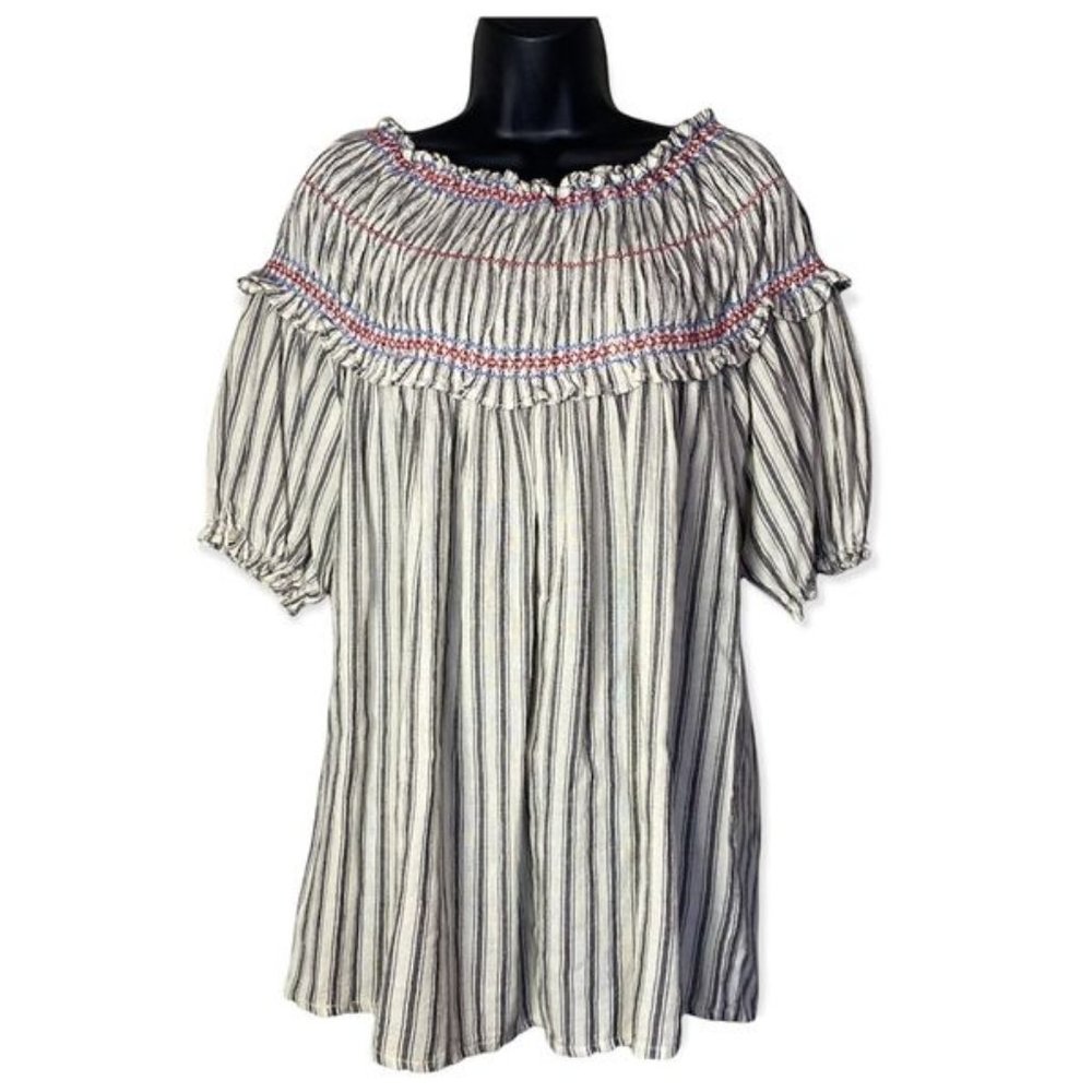 Asos Gray Striped Smocked Cold Shoulder Flowy Oversized Blouse